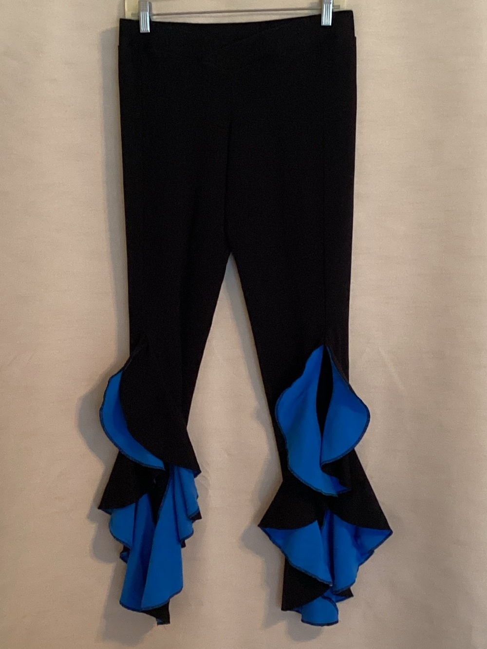 Black Dance Pants with Blue Ruffled Hem - Women's